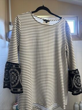 John Mark White and Black Striped Tunic with Patterned Bell Sleeves